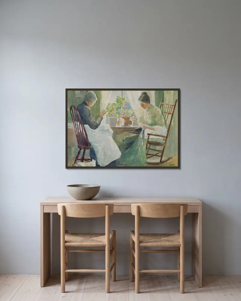 Zwei Frauen beim Nähen von Julian Alden Weir gerahmt an einer Wand