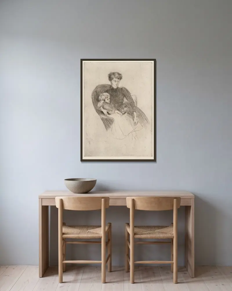 Kvinna och barn, sittande (Mor och barn med leksak) av Julian Alden Weir inramad på en vägg