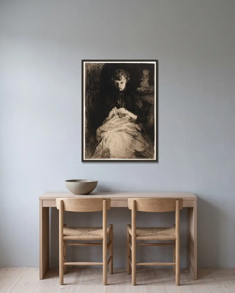 Kvinna som sitter och syr av Julian Alden Weir inramad på en vägg