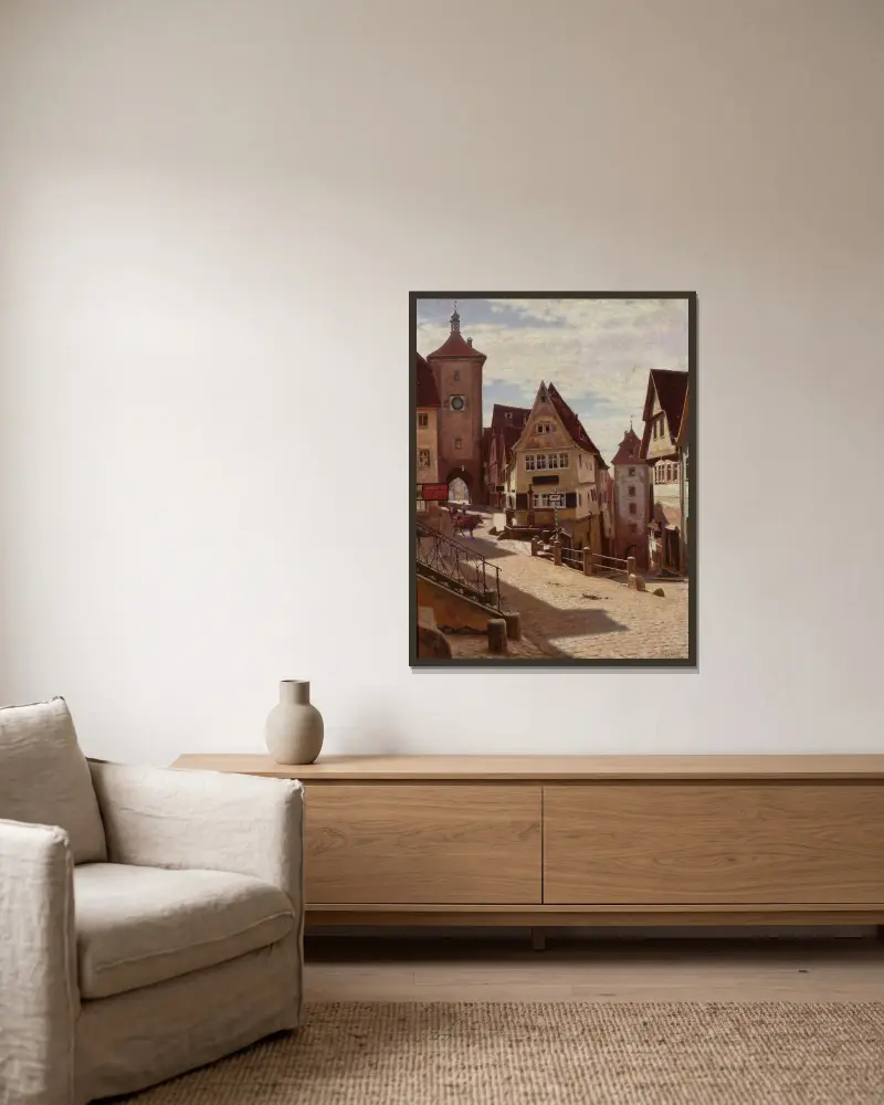 Am Plönlein in Rothenburg av Aleksander Gierymski inramad på en vägg