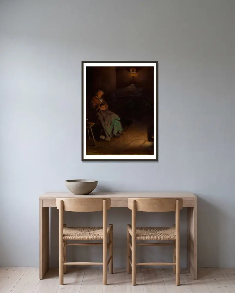 Alte Frau wacht über eine Leiche II von Aleksander Gierymski gerahmt an einer Wand