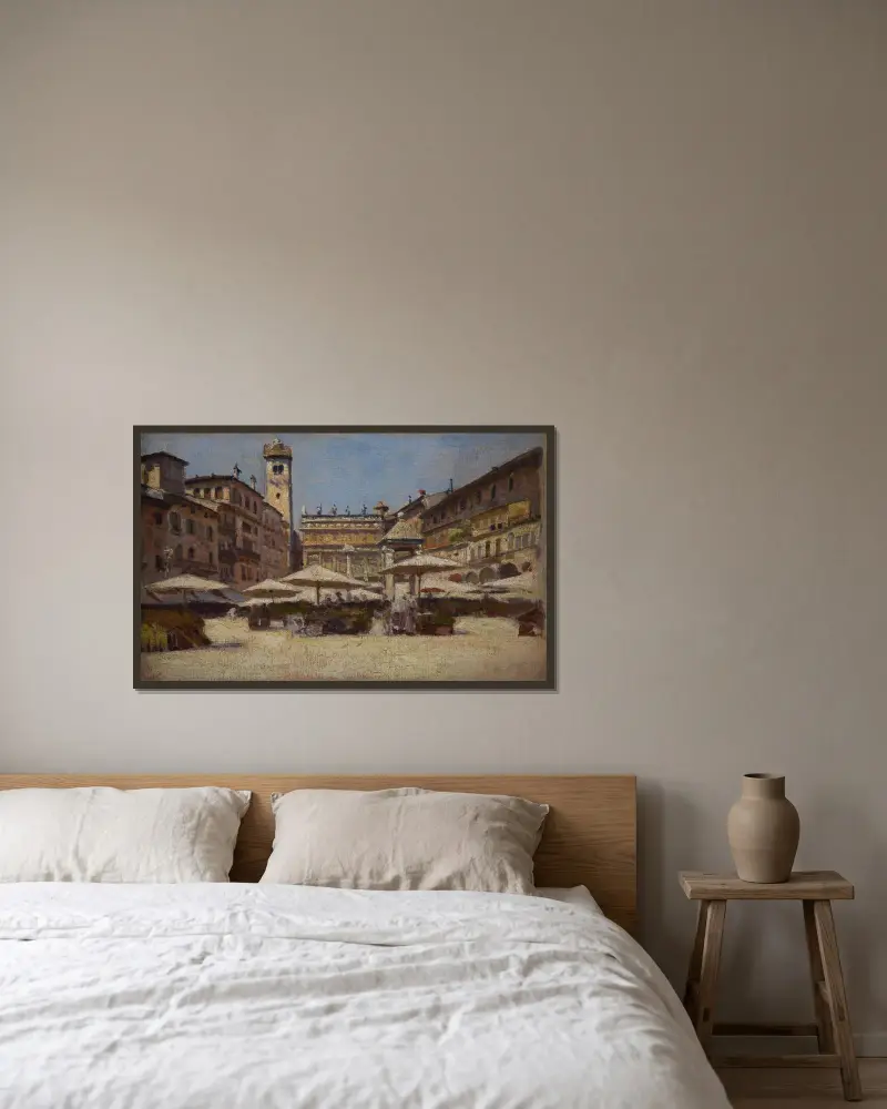 Piazza delle Erbe i Verona av Aleksander Gierymski inramad på en vägg