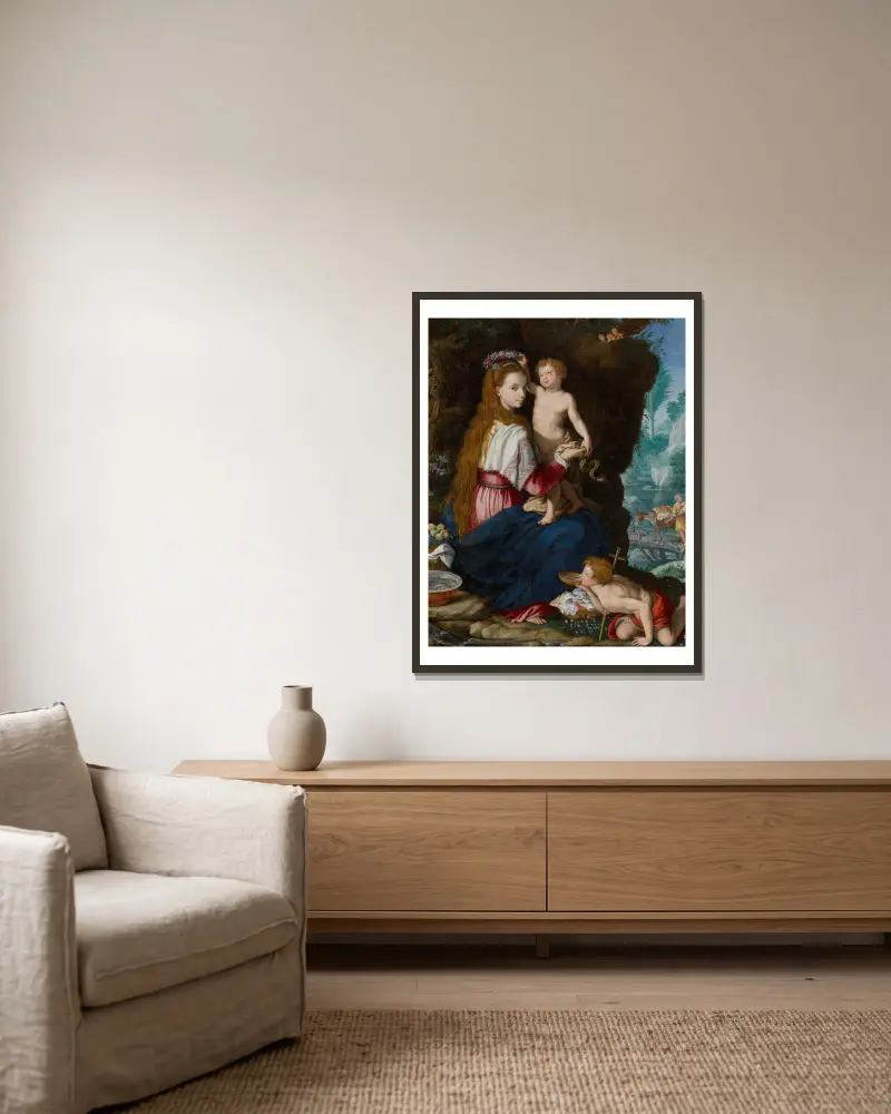 Madonna with the Infant Saint John the Baptist av Alessandro Allori inramad på en vägg