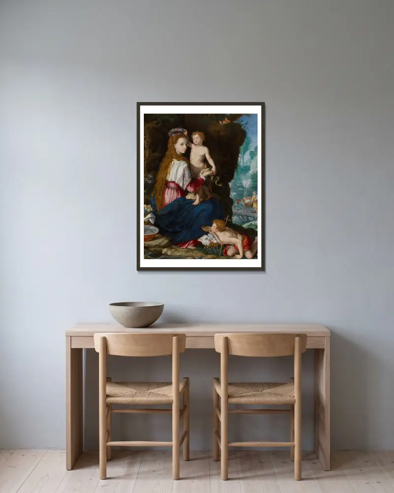 Madonna with the Infant Saint John the Baptist av Alessandro Allori inramad på en vägg