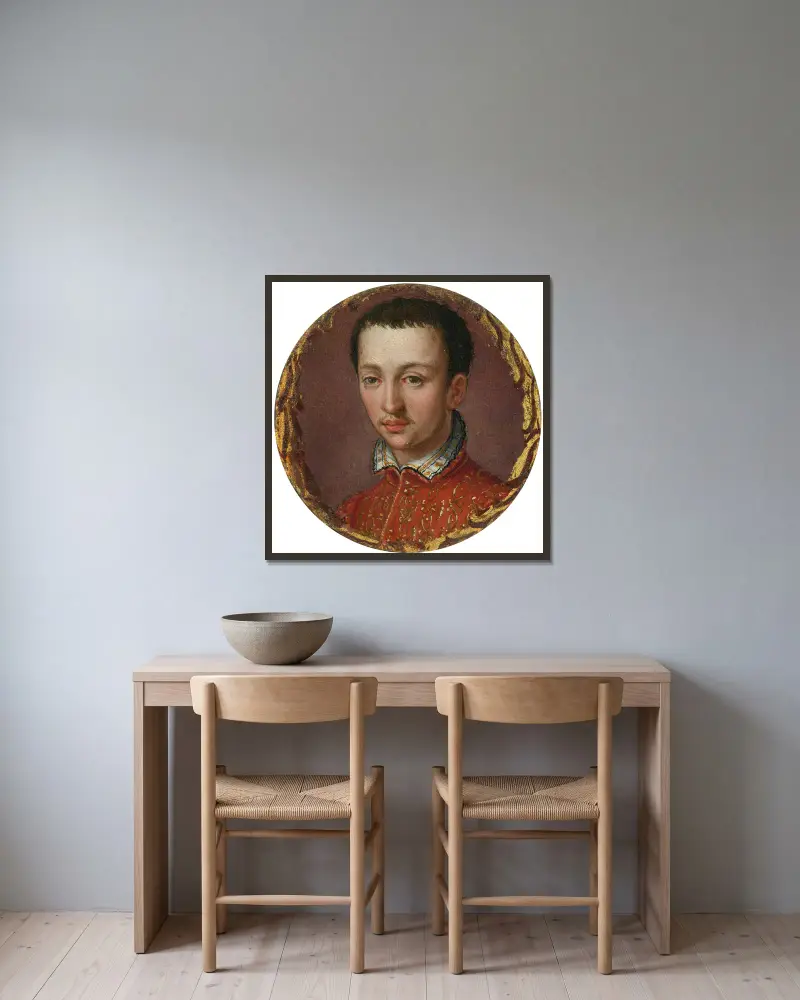 Portrait of Francesco I De’ Medici av Alessandro Allori inramad på en vägg