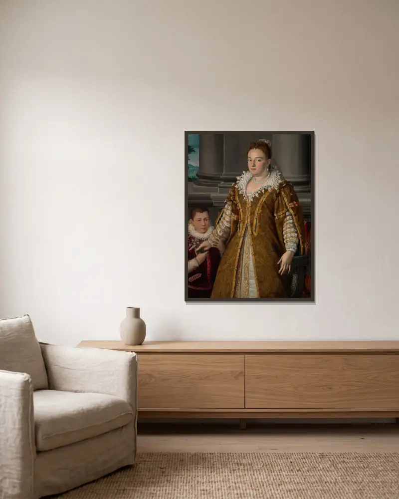 Portrait of Grand Duchess Bianca Capello de Medici with Her Son av Alessandro Allori inramad på en vägg