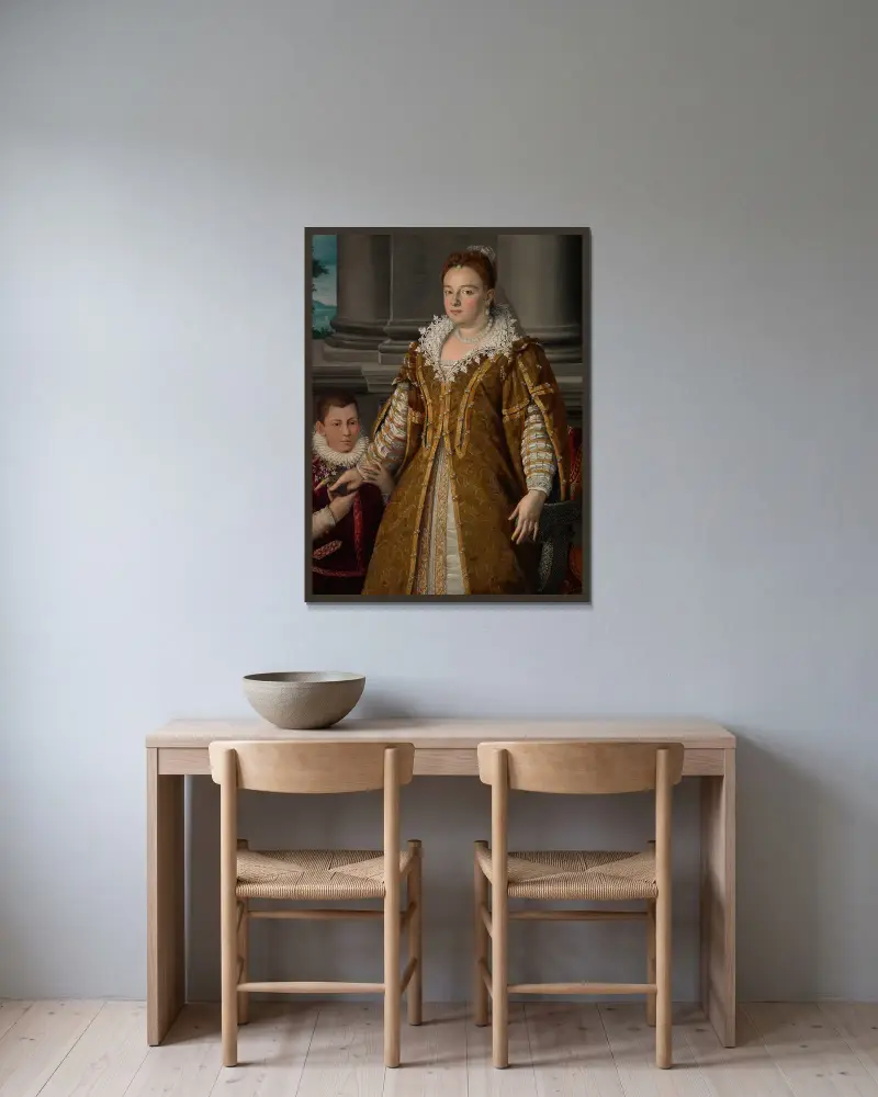 Portrait of Grand Duchess Bianca Capello de Medici with Her Son av Alessandro Allori inramad på en vägg