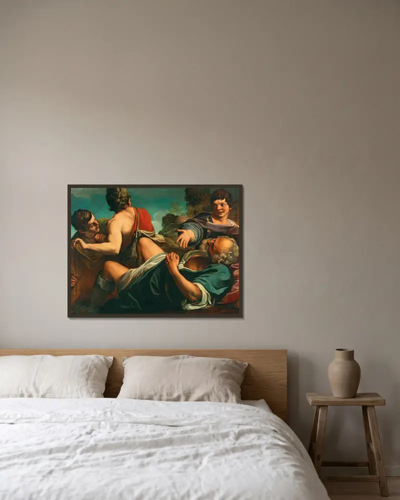 The Drunkenness of Noah av Alessandro Tiarini inramad på en vägg