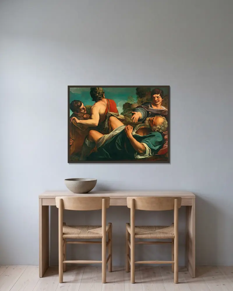 The Drunkenness of Noah av Alessandro Tiarini inramad på en vägg
