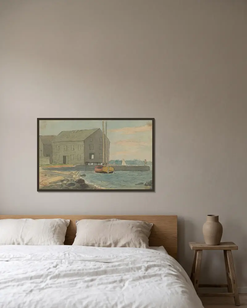 Hafenszene mit kleinem Segelboot und grauem Gebäude von Alexander Anderson gerahmt an einer Wand