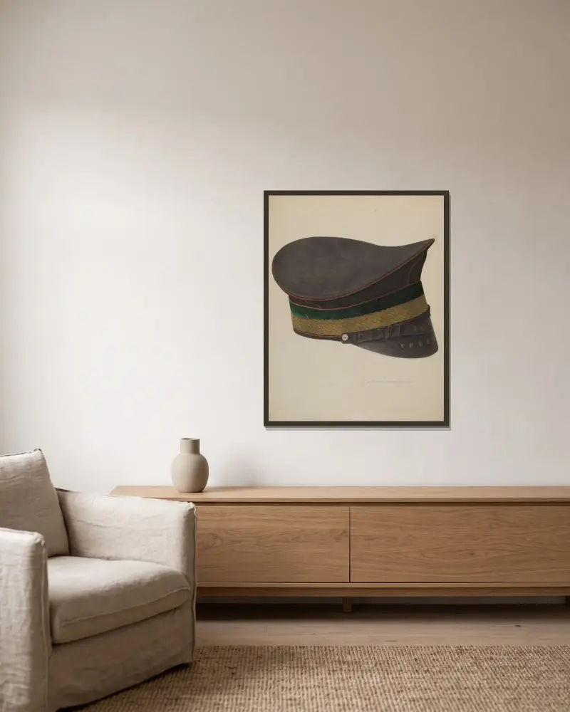 Feuerwehrmütze für die Freiwillige Feuerwehr von Alexander Anderson gerahmt an einer Wand