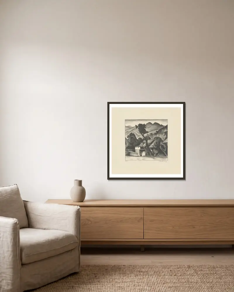 Die Mühle von Alexander Kanoldt gerahmt an einer Wand