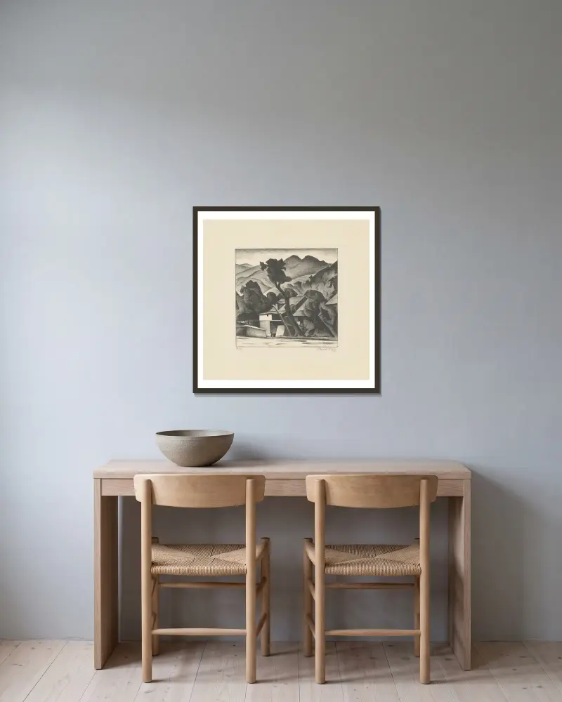 Die Mühle von Alexander Kanoldt gerahmt an einer Wand