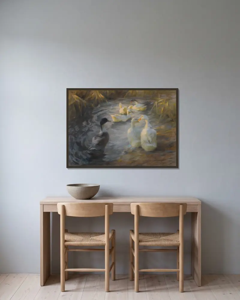 Ankor bland vass i en damm av Alexander Koester inramad på en vägg