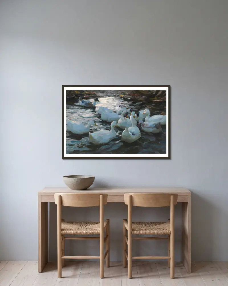 Elf Enten im Wasser av Alexander Koester inramad på en vägg