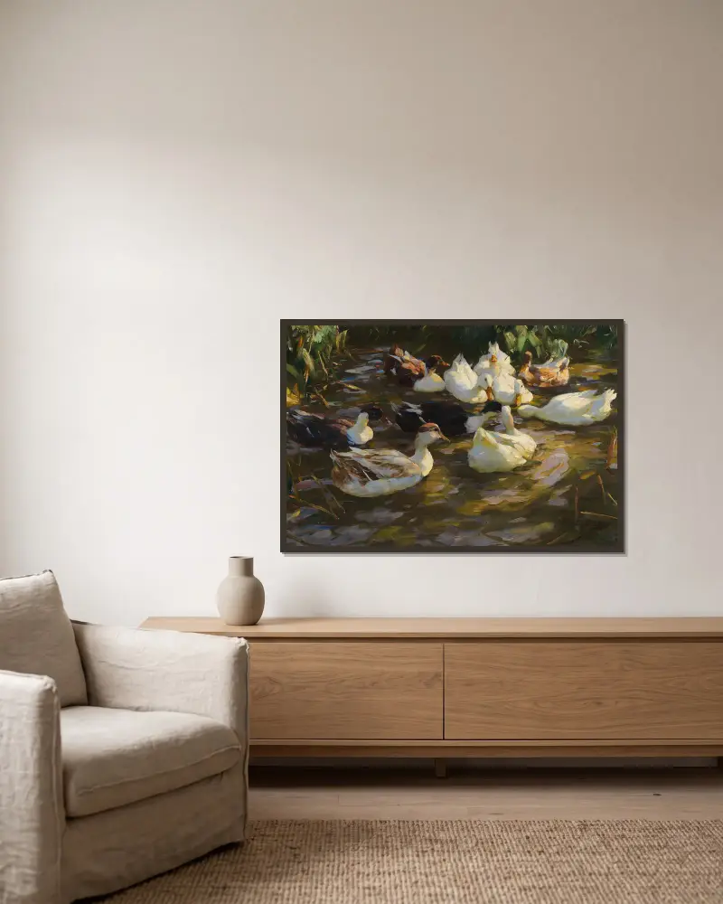 Enten im Teich (Enten am Bach) av Alexander Koester inramad på en vägg