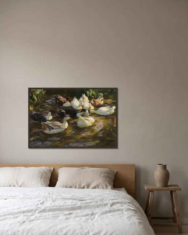 Enten im Teich (Enten am Bach) av Alexander Koester inramad på en vägg