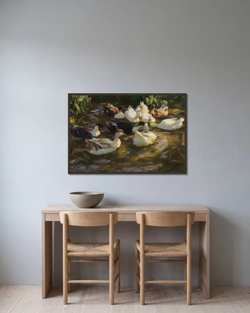Enten im Teich (Enten am Bach) av Alexander Koester inramad på en vägg