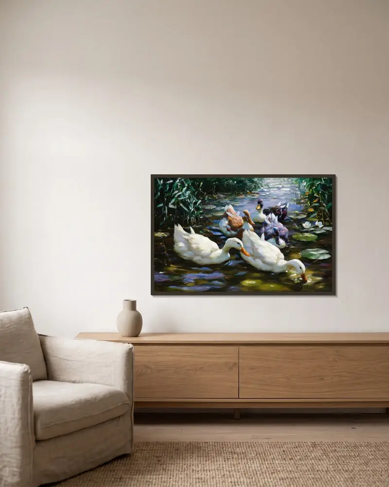 Fünf Enten von Alexander Koester gerahmt an einer Wand
