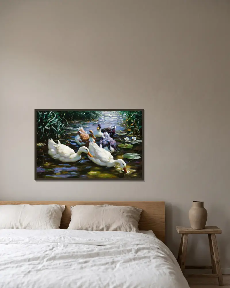 Fünf Enten von Alexander Koester gerahmt an einer Wand