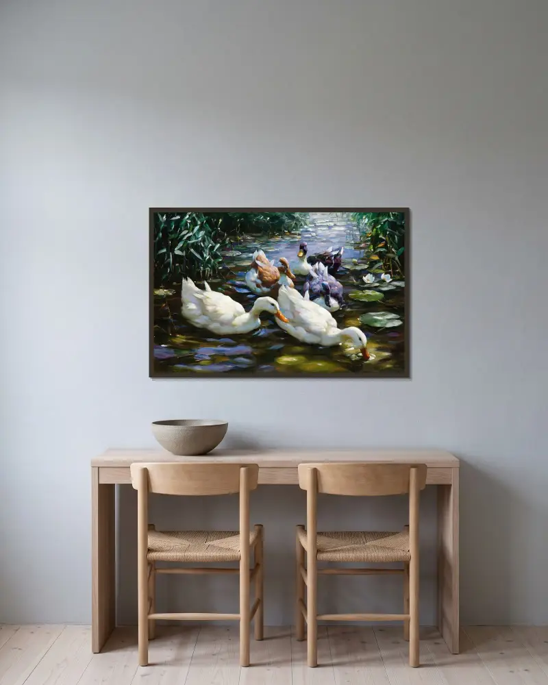 Fünf Enten von Alexander Koester gerahmt an einer Wand