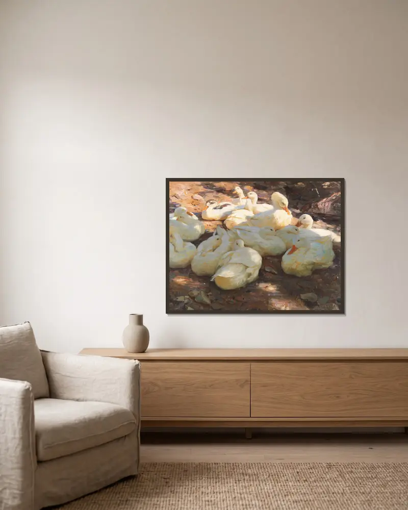Liegende Enten – Licht und Schatten von Alexander Koester gerahmt an einer Wand