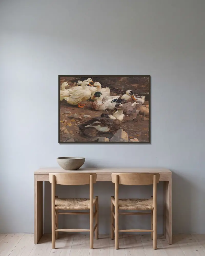 Neun Enten am Teichufer av Alexander Koester inramad på en vägg