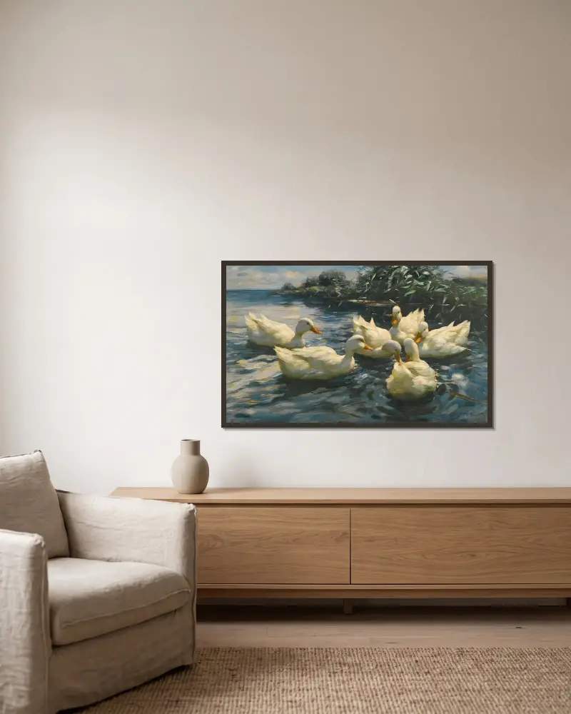 Six Ducks av Alexander Koester inramad på en vägg