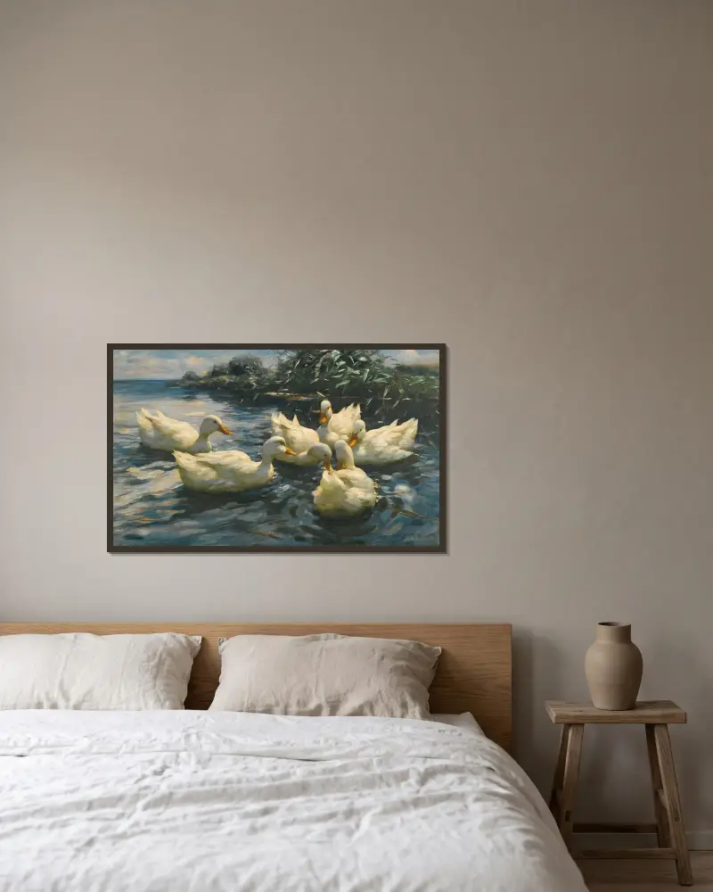 Six Ducks av Alexander Koester inramad på en vägg