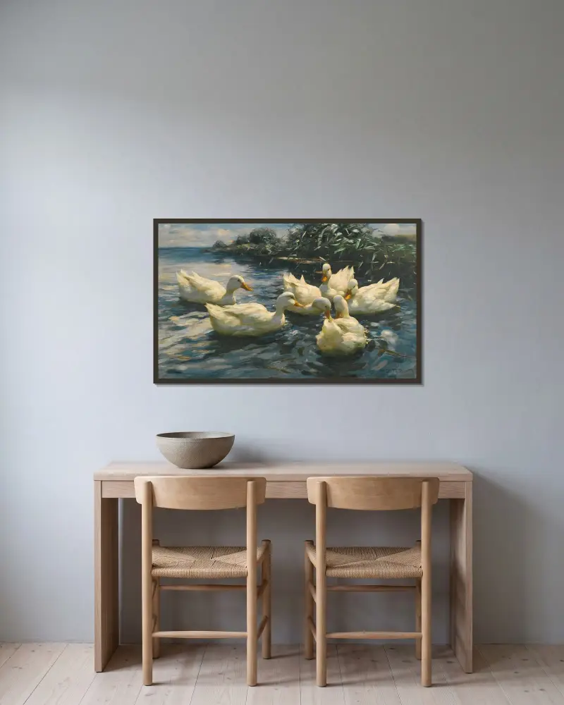 Six Ducks av Alexander Koester inramad på en vägg