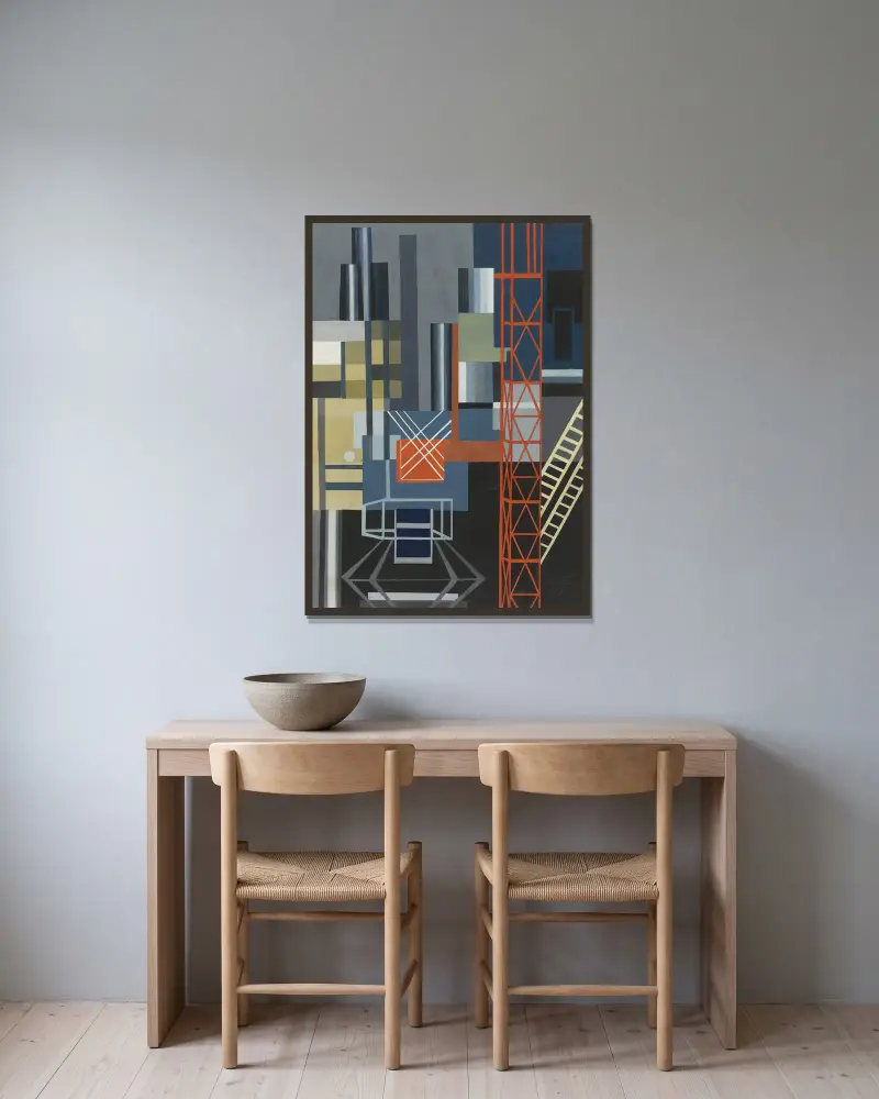 Konstruktivistische Bühnenbild von Alexandra Exter gerahmt an einer Wand