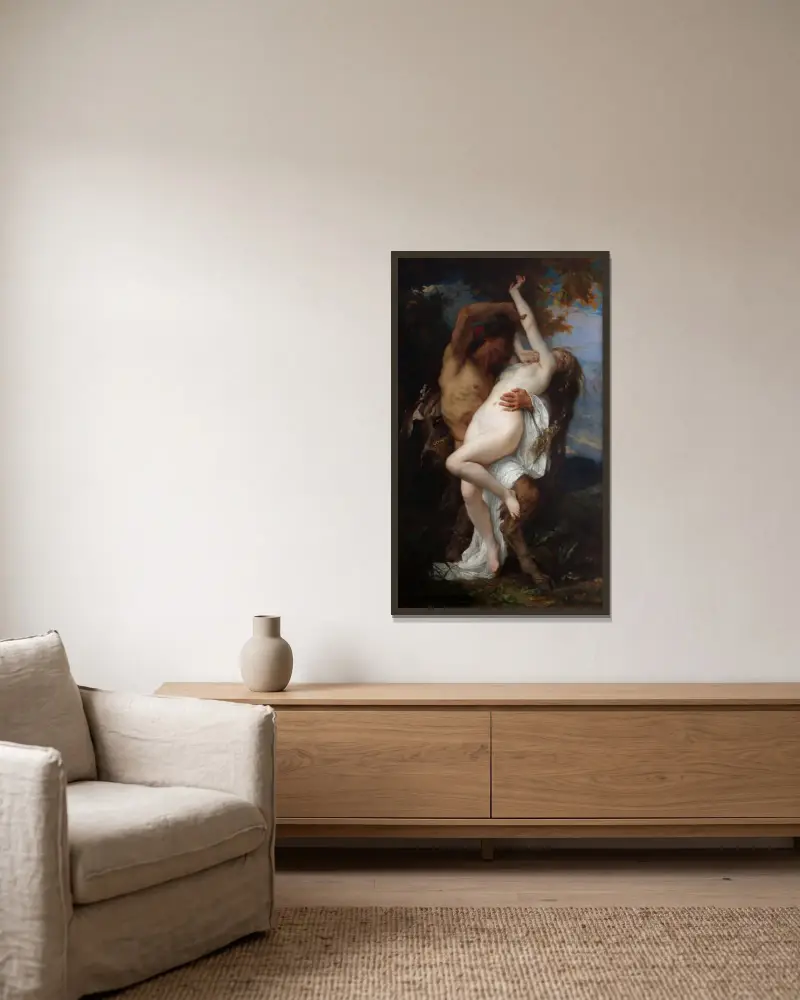 Nymf bortrövad av en faun av Alexandre Cabanel inramad på en vägg