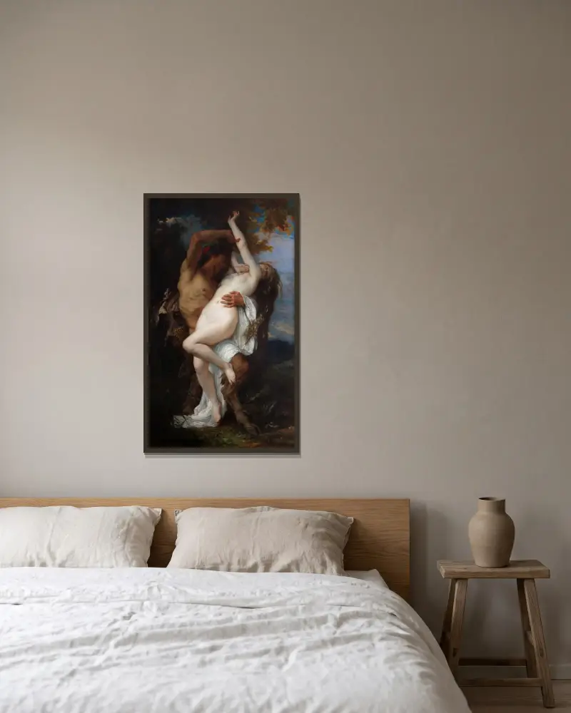 Nymf bortrövad av en faun av Alexandre Cabanel inramad på en vägg