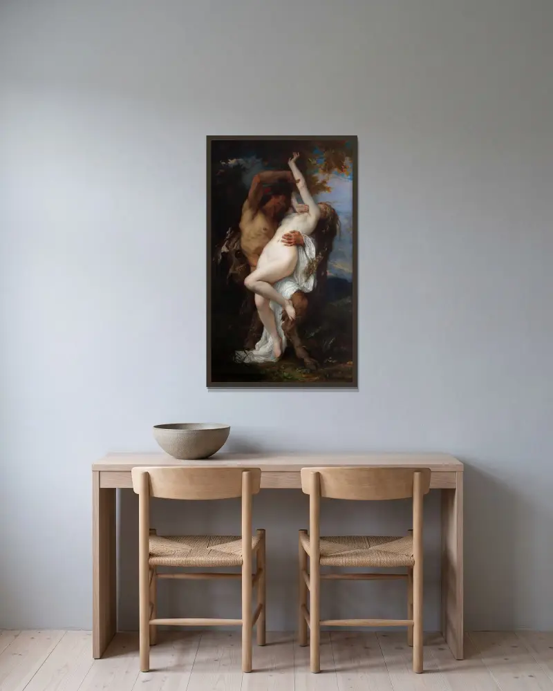 Nymf bortrövad av en faun av Alexandre Cabanel inramad på en vägg