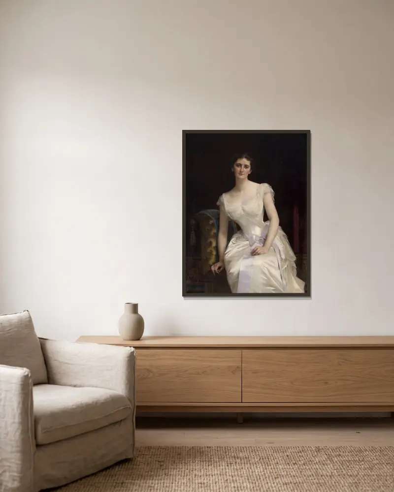 Portrait of Mary Victoria Leiter, the later Lady Curzon of Kedleston, Vicereine of India av Alexandre Cabanel inramad på en vägg