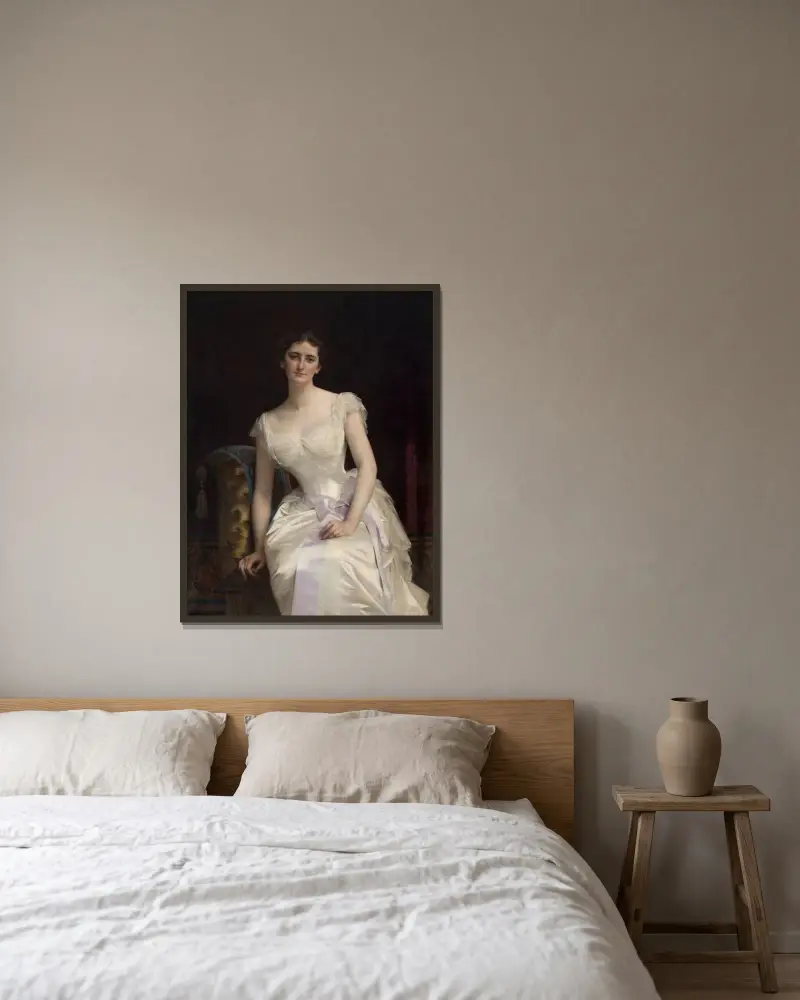 Portrait of Mary Victoria Leiter, the later Lady Curzon of Kedleston, Vicereine of India av Alexandre Cabanel inramad på en vägg