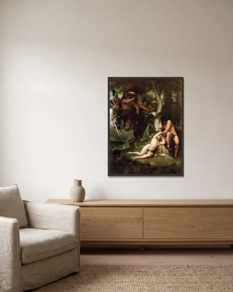 Utdrivandet av Adam och Eva ur paradiset av Alexandre Cabanel inramad på en vägg