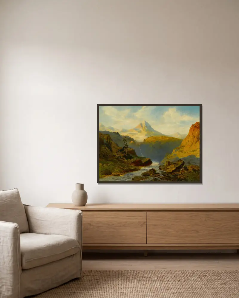 Ein Fluss in den Alpen von Alexandre Calame gerahmt an einer Wand