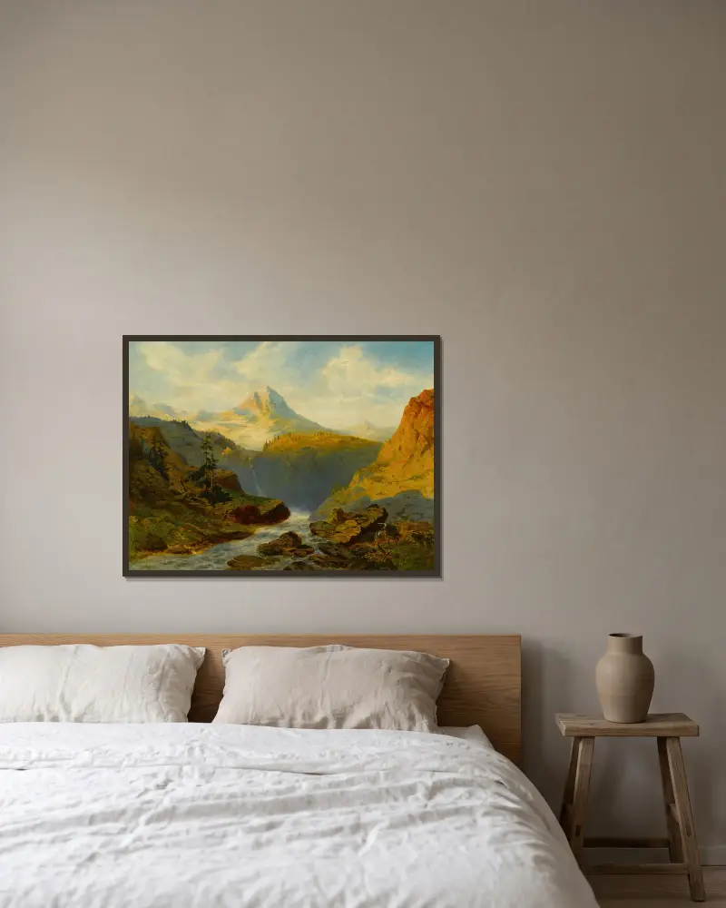 Ein Fluss in den Alpen von Alexandre Calame gerahmt an einer Wand