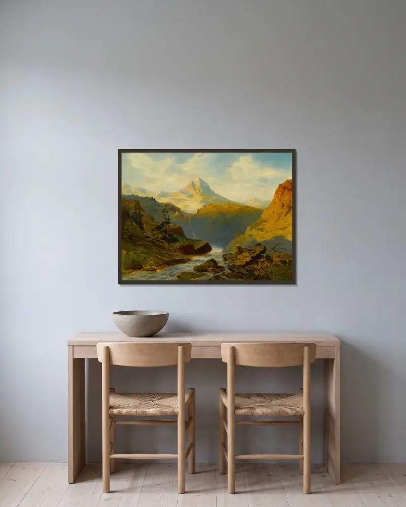 Ein Fluss in den Alpen von Alexandre Calame gerahmt an einer Wand