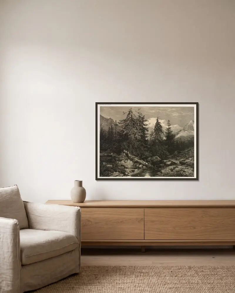 Alpský potok, Alexandre Calame v rámu na stěně