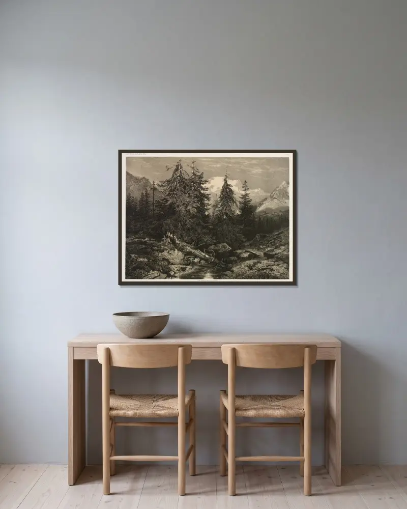 Alpský potok, Alexandre Calame v rámu na stěně