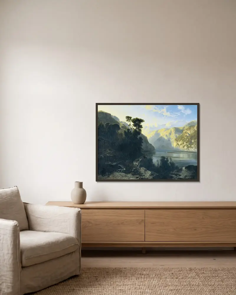 Urnersjön med Urirotstock av Alexandre Calame inramad på en vägg