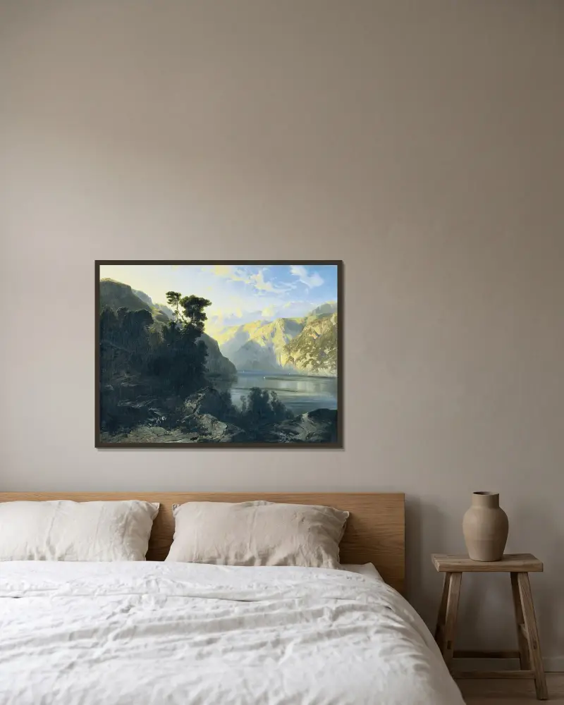 Urnersjön med Urirotstock av Alexandre Calame inramad på en vägg