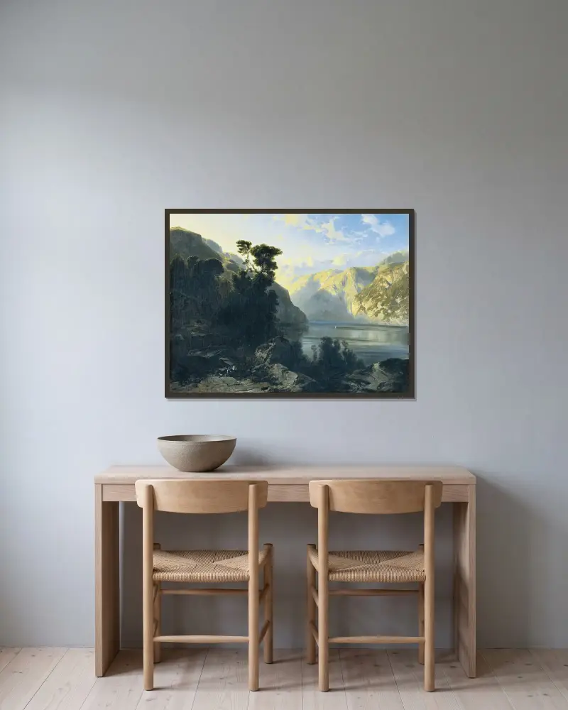 Urnersjön med Urirotstock av Alexandre Calame inramad på en vägg