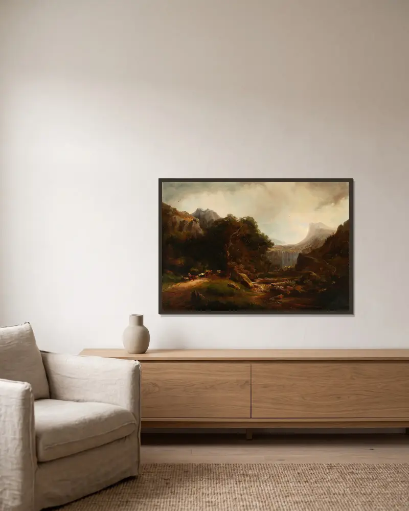 Gebirgslandschaft mit Wasserfall von Alexandre Calame gerahmt an einer Wand