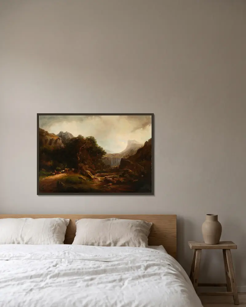 Gebirgslandschaft mit Wasserfall von Alexandre Calame gerahmt an einer Wand