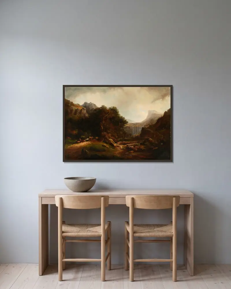 Gebirgslandschaft mit Wasserfall von Alexandre Calame gerahmt an einer Wand