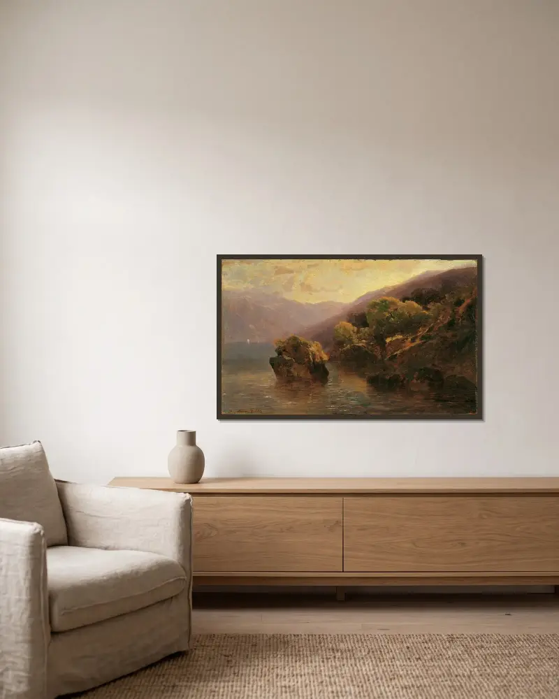 Vy från Genèvesjön av Alexandre Calame inramad på en vägg