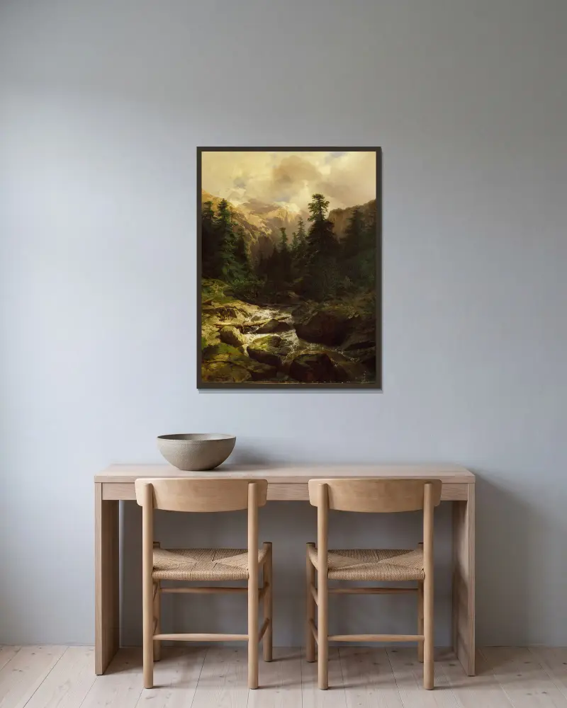 Souvenir of Rosenlaui, Switzerland av Alexandre Calame inramad på en vägg